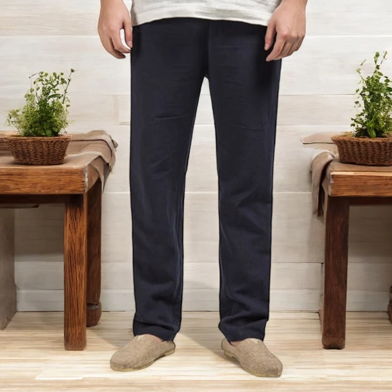 Pantalon lin homme bleu marine