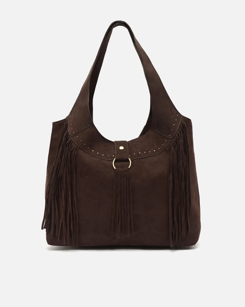 Seysino bolso de hombro grande efecto ante con flecos y detalles metálicos