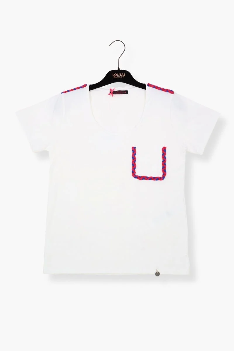 Camiseta Preloved blanca con bolsillo trenzao fucsia LolitasyL