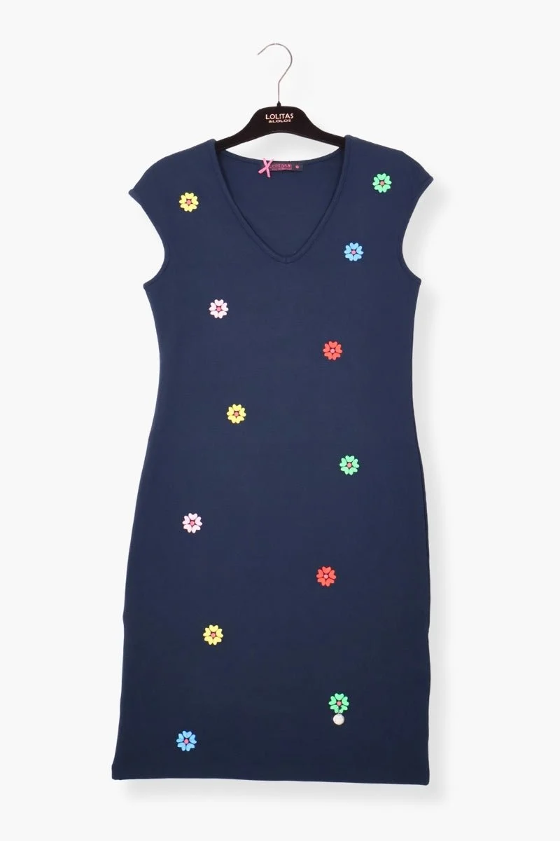 Vestido Preloved Azul Marino corto con bordado de flores LolitasyL