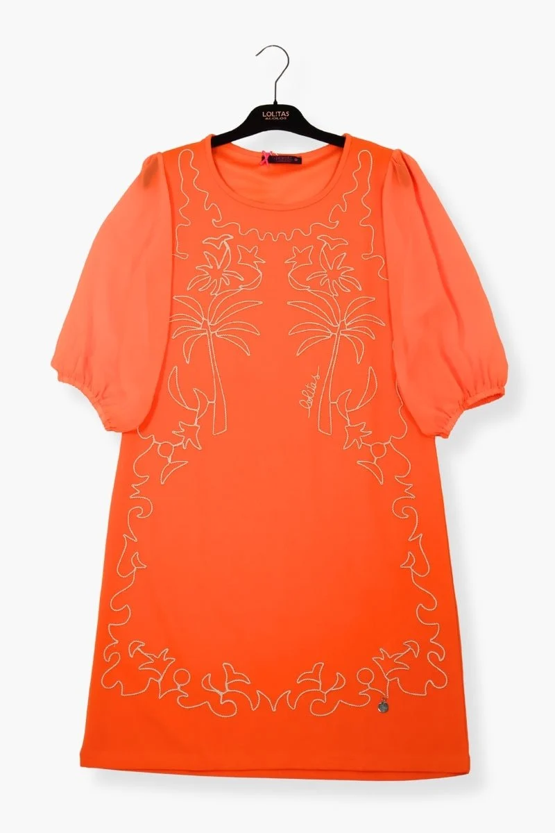 Vestido Preloved naranja corto bordado contraste de palmeras LolitasyL