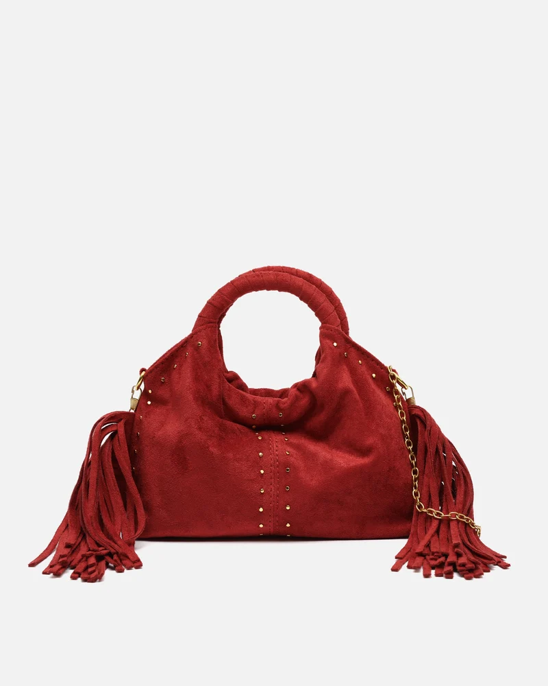 Seysy bolso de fiesta mini efecto ante con flecos y detalles metálicos e bandolera extraíble