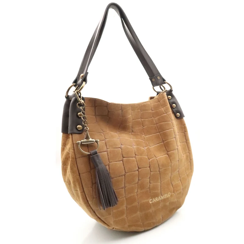 Bolso tipo saco Piel Serraje grabado Coco Caramelo Paola