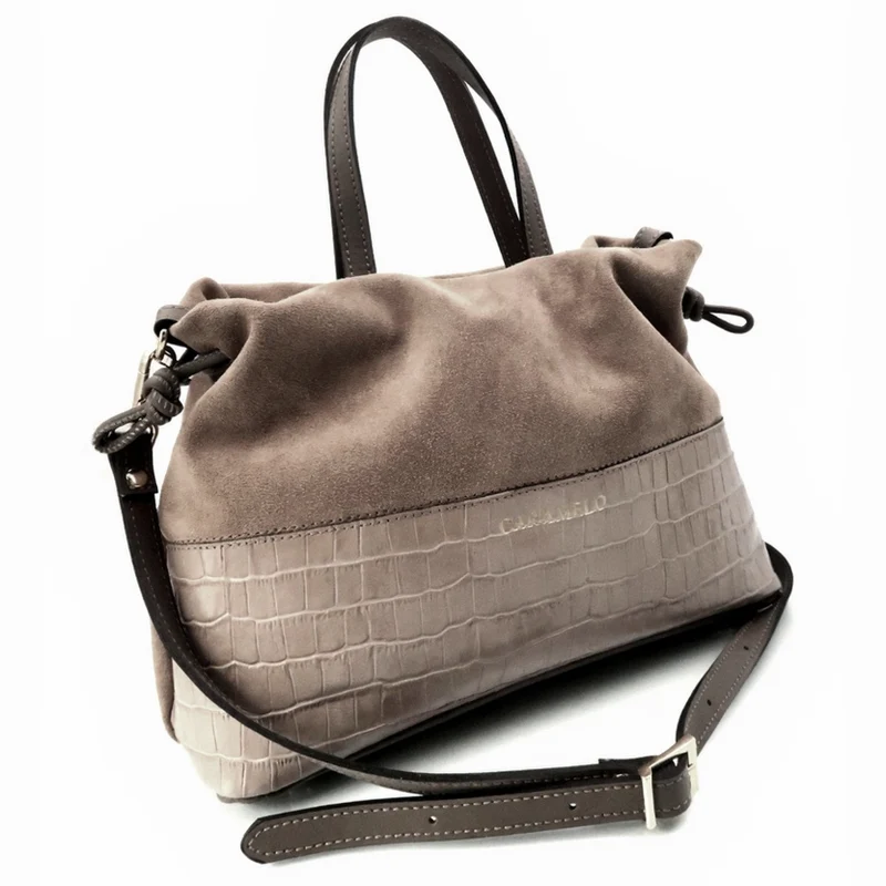 Bolso Dos Asas con Bandolera Piel Serraje grabado Coco Caramelo Paz