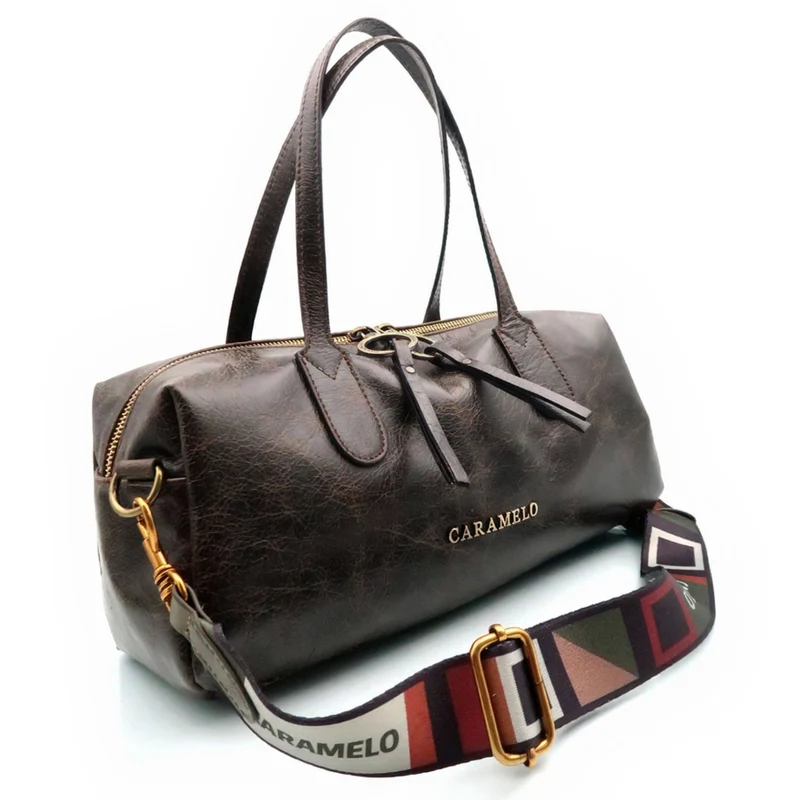 Bolso Bowling con Bandolera Piel Rústica Caramelo Piper