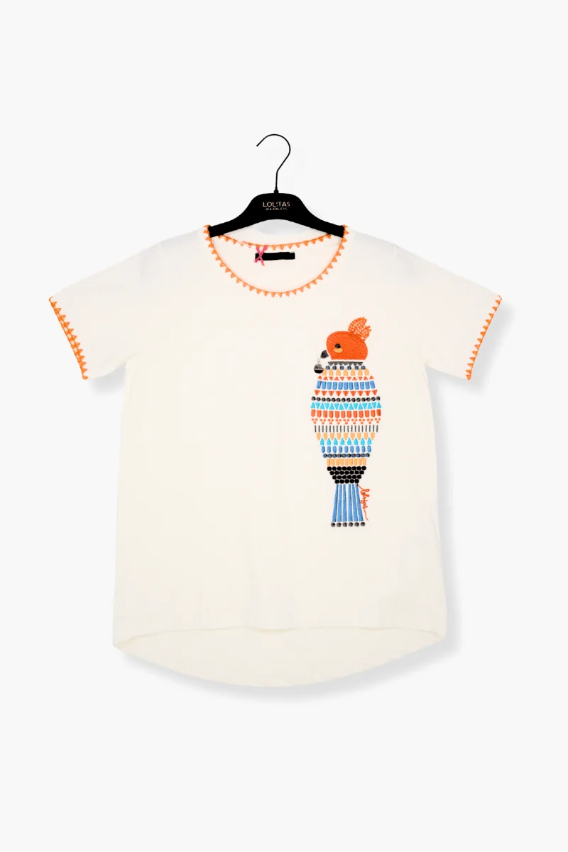 Camiseta Preloved blanca bordado loro multicolor Lolitas&L