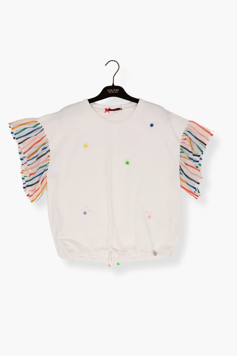 Camiseta Preloved blanca margaritas bordadas y raya multicolor Lolitas&L