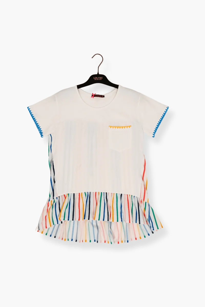 Camiseta Preloved blanca con espalda en rayas multicolor Lolitas&L