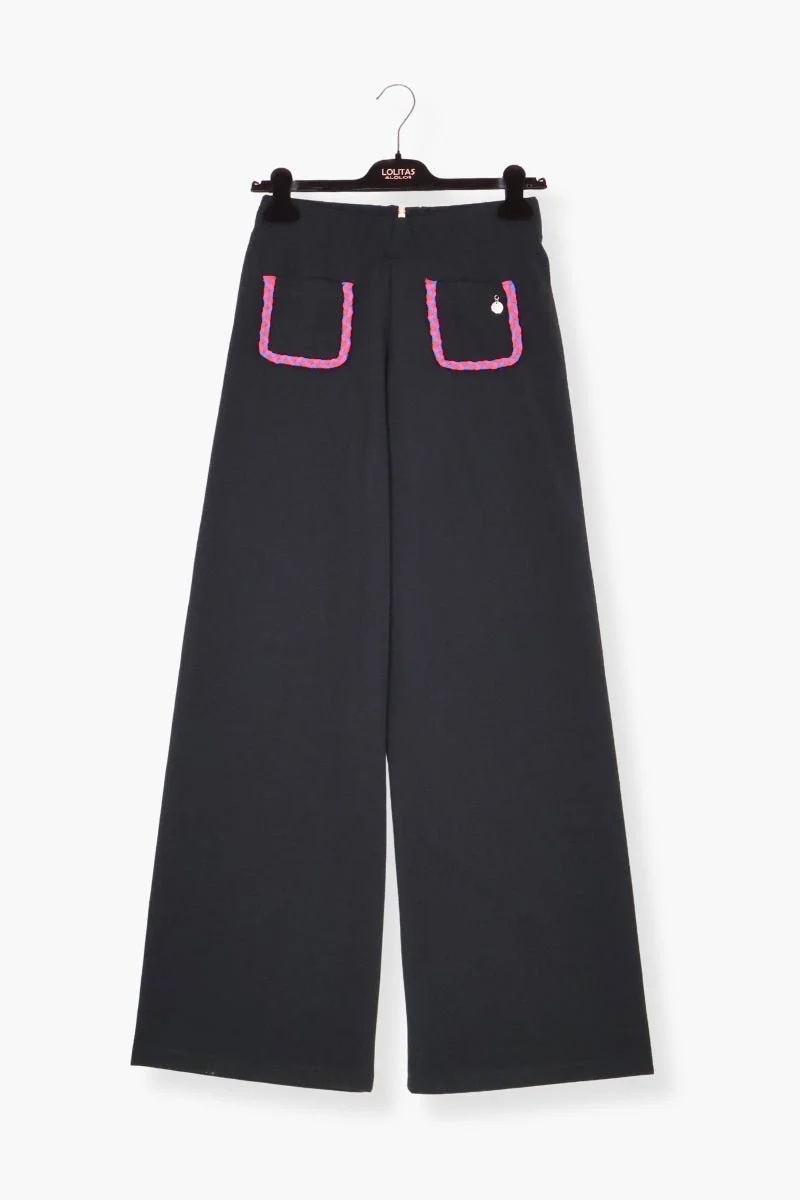 Pantalon Preloved negro ancho con bolsillos trenzados fucsia LolitasyL