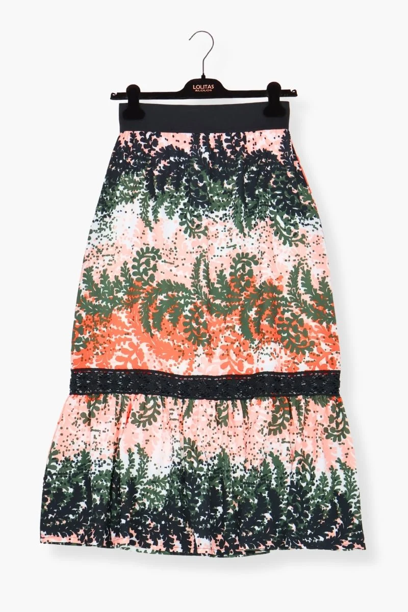 Falda Preloved larga estampada Leaves con goma y puntilla Lolitas&L