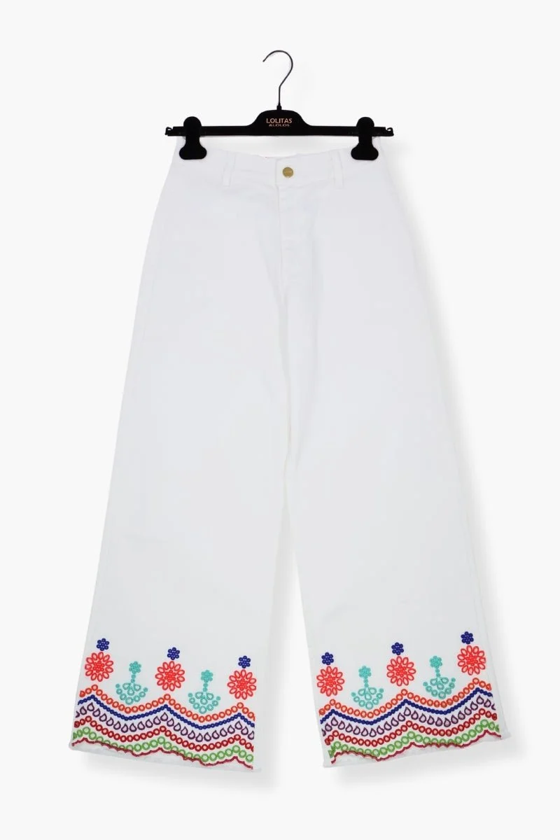 Pantalon Preloved vaquero blanco con bordado calado multicolor Lolitas&L
