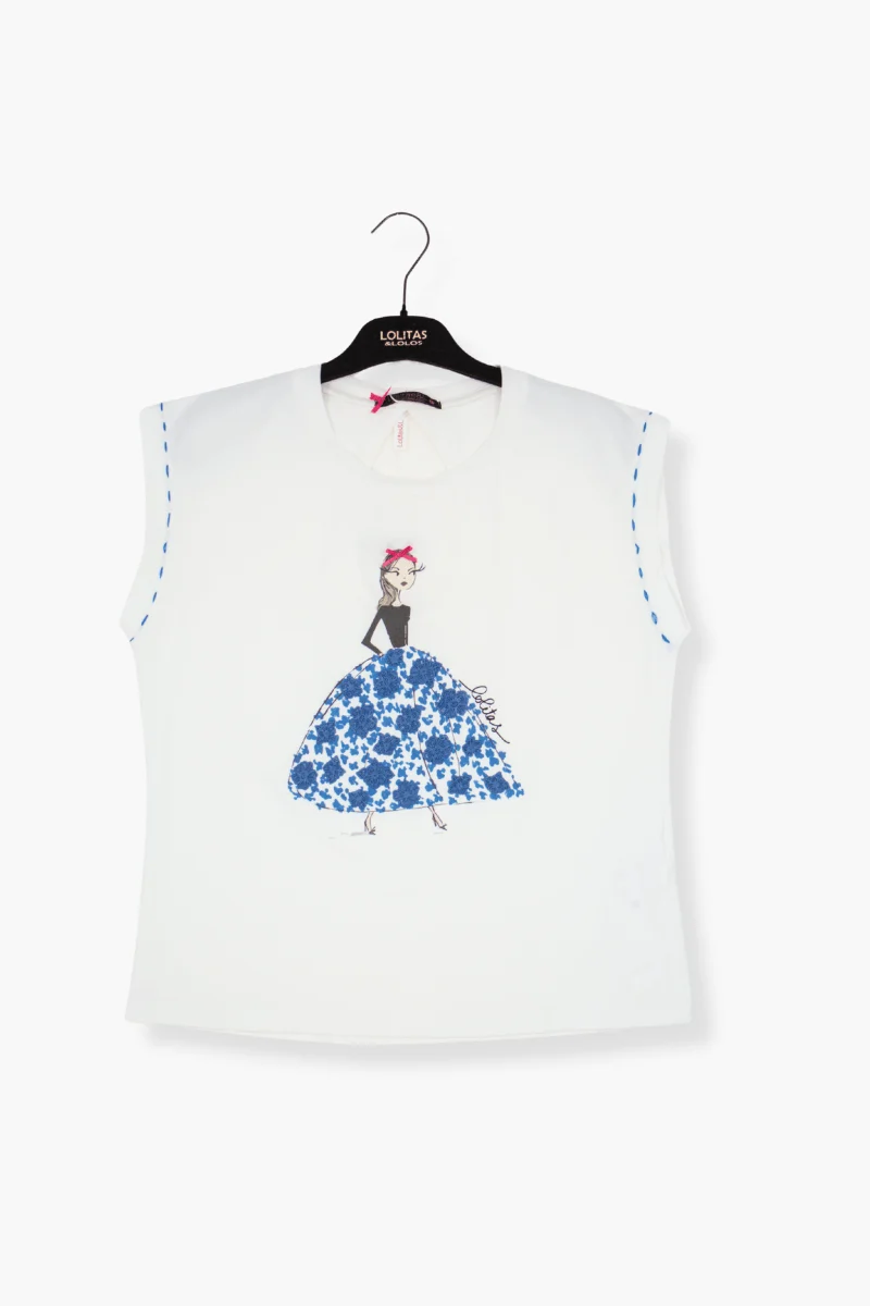 Camiseta Preloved blanca estampado con bordado muñeca Lolitas&L