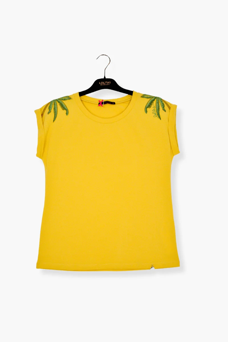 Camiseta Preloved amarilla con bordado palmera en el hombro Lolitas&L