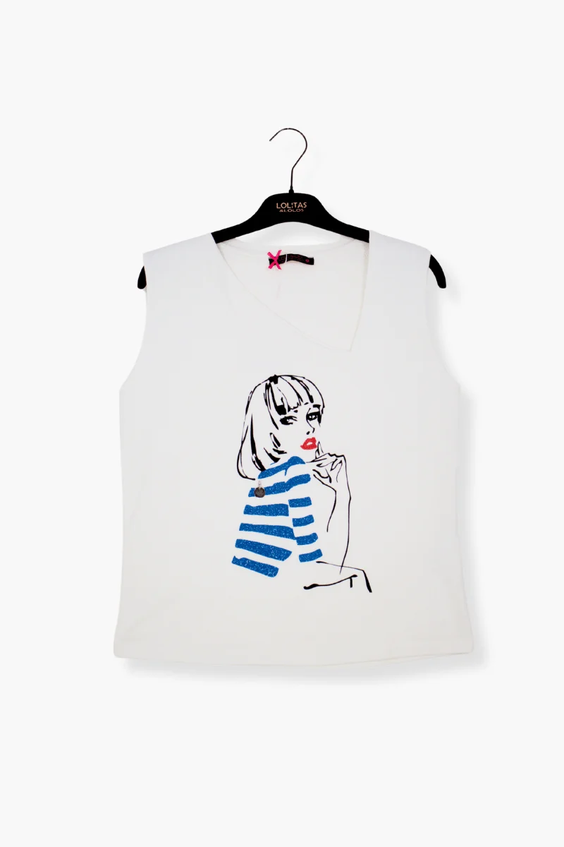 Camiseta preloved blanca escote asimetrico con estampado silueta Lolitas&L