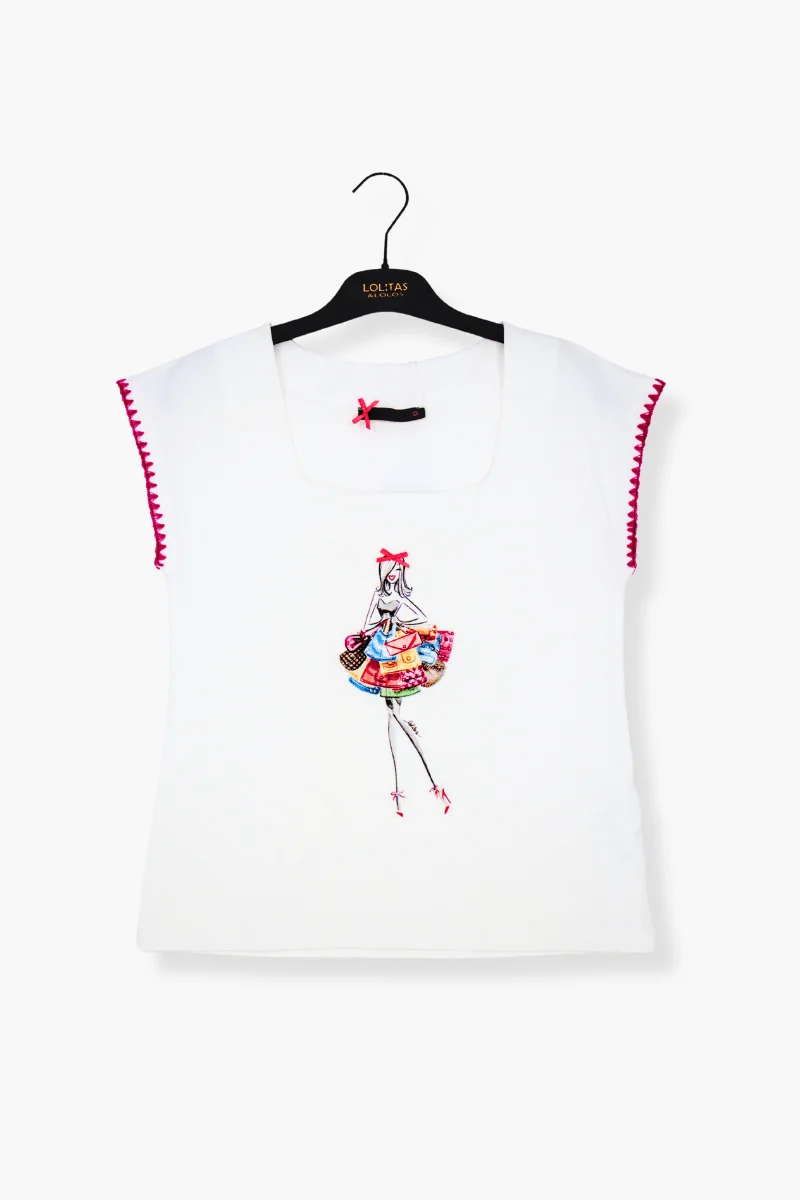 Camiseta Preloved blanca estampado bordado bolsos Lolitas&L