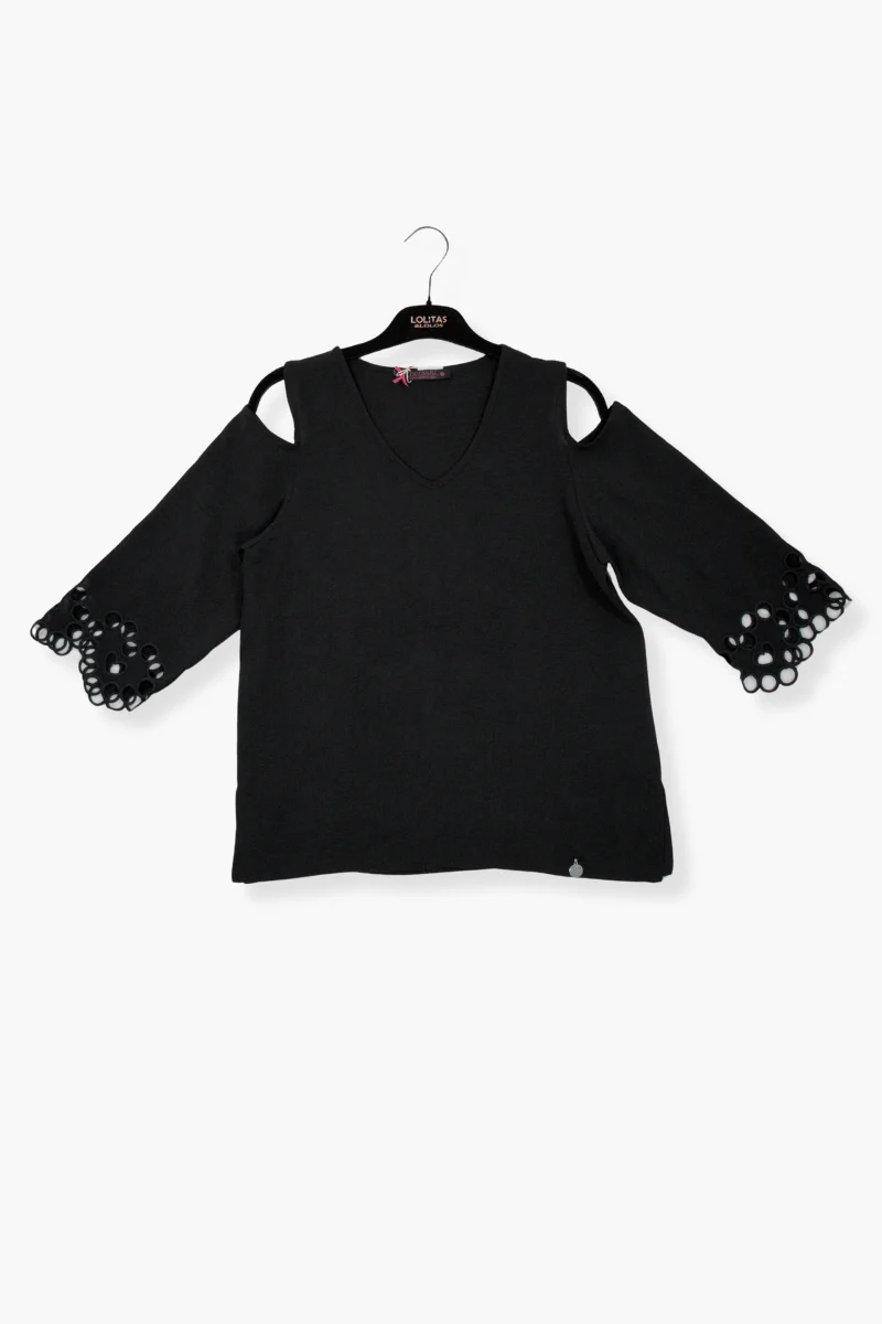 Camiseta Preloved negra con el hombro descubierto y bordada Lolitas&L