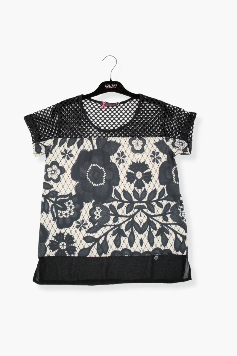 Camiseta Preloved estampado Flower Dark con rejilla Lolitas&L