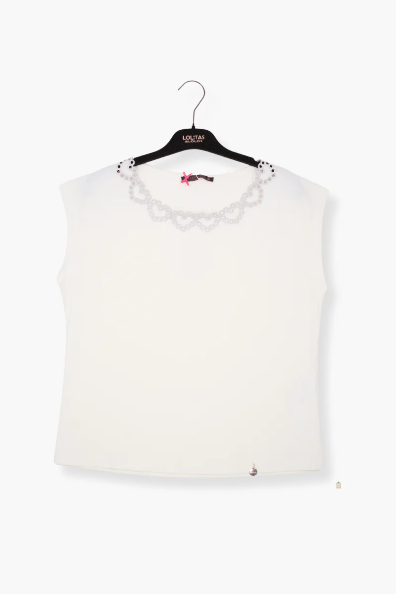 Camiseta Preloved blanca con bordado en el escote a contraste Lolitas&L
