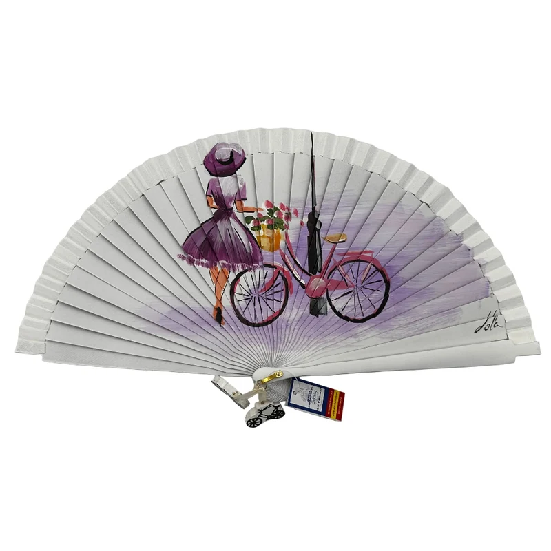 Abanico de madera de 21cm pintado a mano Aire Distinto "Chica bici"