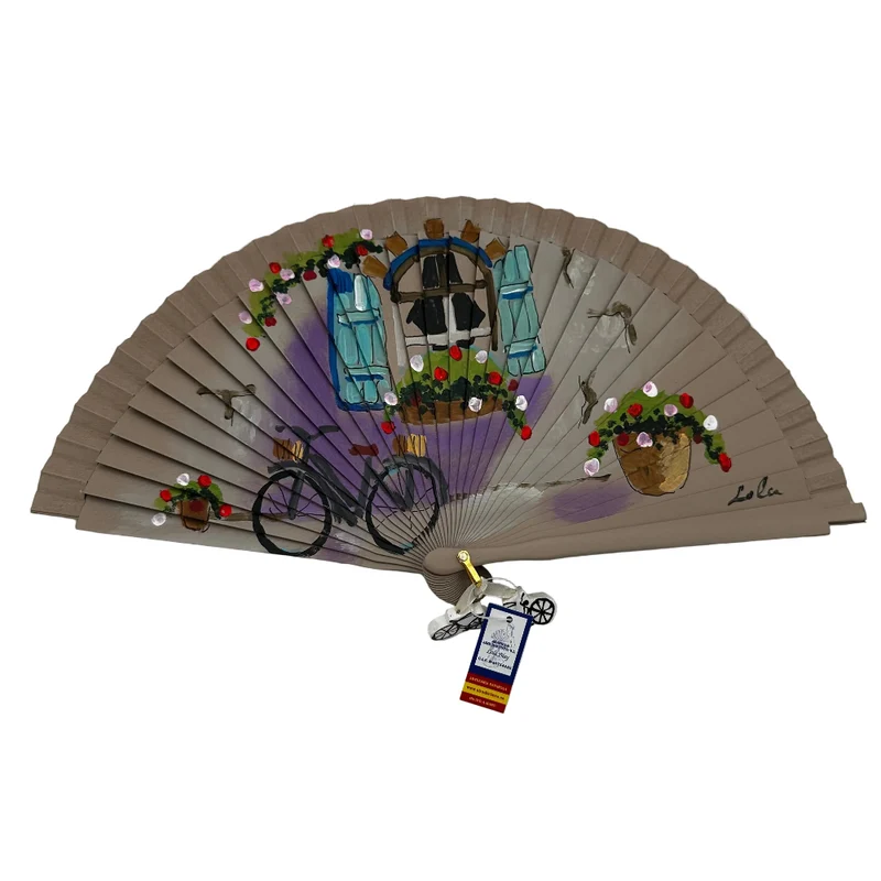 Abanico de madera de 21cm pintado a mano Aire Distinto "Bici bajo ventana"