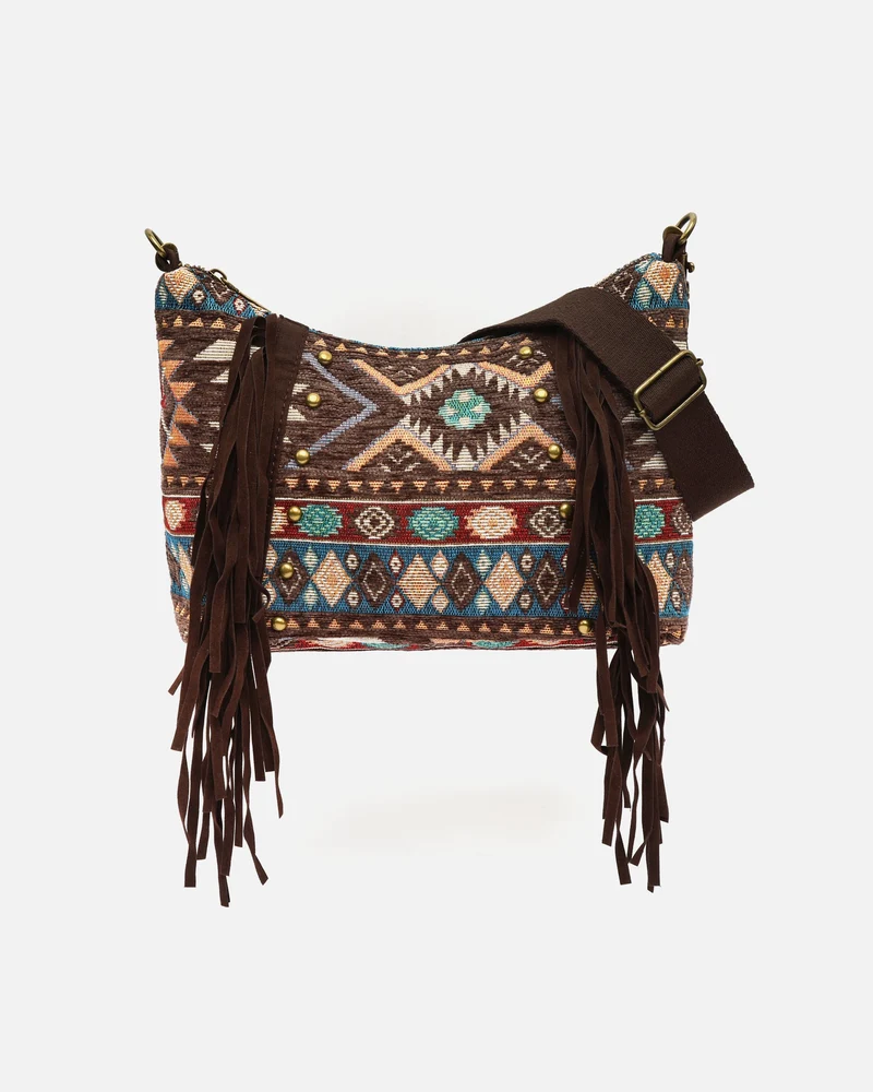 Vana bolso bandolera jacquard con flecos y detalles metálicos