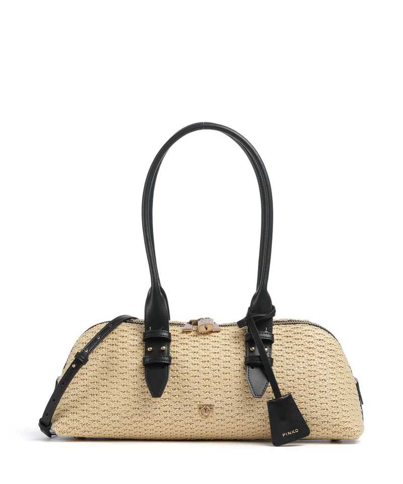 Pinko Bowling Horizontal Big Bolso de mano raffia/bianco/antique gold
